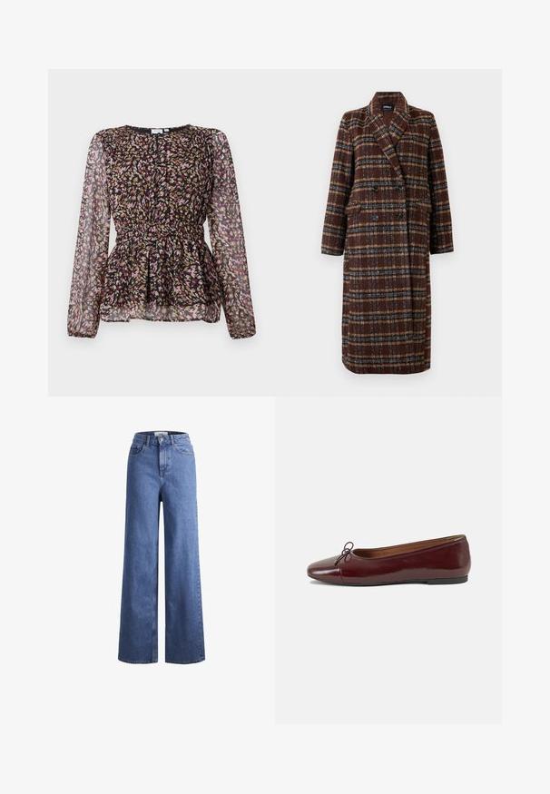 Dolg plašč z dvojnim zapenjanjem v rjavem karirastem vzorcu z rever ovratnikom, črnimi gumbi in žepi s poklopcem, prikazan na belem ozadju.; Črna bluzica z dolgimi prosojnimi rokavi, ki ima barvit abstrakten vzorec v roza, zlati in rjavi barvi. Zgrbljen pas in gubana zasnova.; Svijetloplave traper hlače širokih nogavica s visokim strukom, s dva prednja džepa i vidljivim šavovima. Ima kopčanje na gumb i zatvarač.; Burgundska patenti usnjeni baletni čevlji z zaobljenim prstom, majhnim lokom na sprednji strani in nizkim črnim gumijastim podplatom. Gladka tekstura.