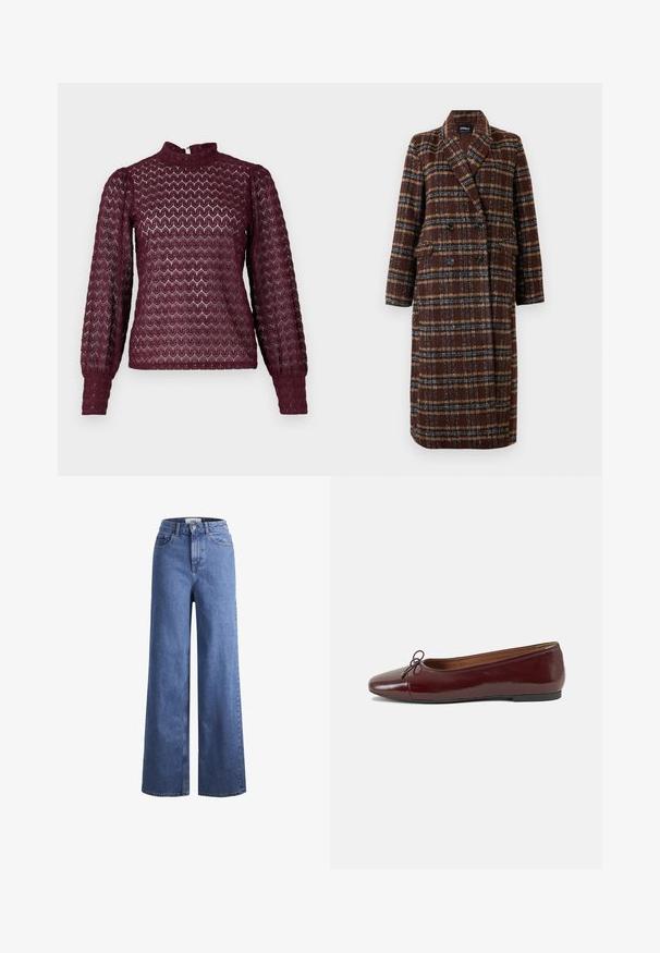 Long double-breasted brown plaid coat with lapel collar, black buttons, and flap pockets, displayed against a white background.; Burgundy long-sleeve top featuring a high neck, textured pattern, and gathered sleeves. Made from a lightweight, semi-sheer fabric.; Light blue denim wide-leg jeans with a high waist, two front pockets, and visible stitching. Features a button and zipper closure.; Burgundy patent leather ballet flat with a rounded toe, small bow accent at the front, and a low, black rubber sole. Smooth texture.