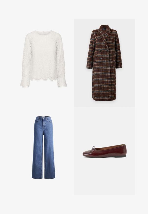 Manteau long en plaid marron à double boutonnage avec col à revers, boutons noirs et poches à rabat, présenté sur un fond blanc.; Top en dentelle blanche avec des manches longues, un col rond, un ourlet en scalopes avec des bords à franges et un motif floral en dentelle sur l'ensemble.; Jean large en denim bleu clair avec taille haute, deux poches avant et coutures visibles. Fermeture à bouton et à zip.; Ballerines en cuir verni bordeaux avec un bout rond, un petit nœud décoratif à l'avant et une semelle en caoutchouc noire basse. Texture lisse.