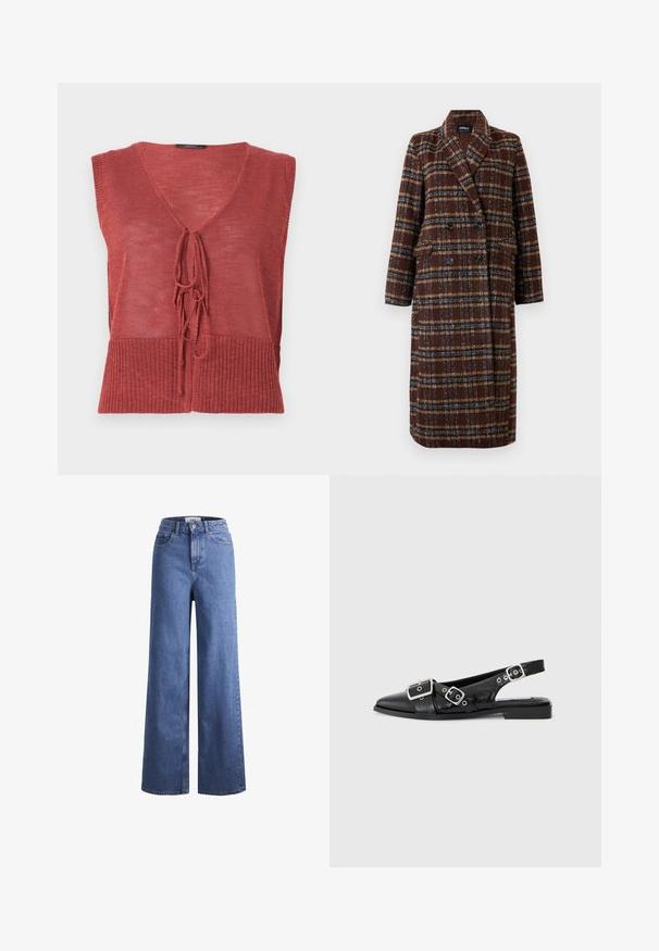 Lang, dobbeltradet brun plaidfrakke med reverskrave, sorte knapper og klaplommer, præsenteret mod en hvid baggrund.; Rød strikket vest med V-hals, ærmeløst design og knytelukning foran. Har en tekstureret overflade og ribbet kant.; Lyseblå denim brede bukser med høj talje, to frontlommer og synlige stikninger. Har en knap- og lynlåslukning.; Sorte læderslingbacksko med spids tå, to sølvspænder og en lav blokhæl. Har en struktureret overdel og åben bag.