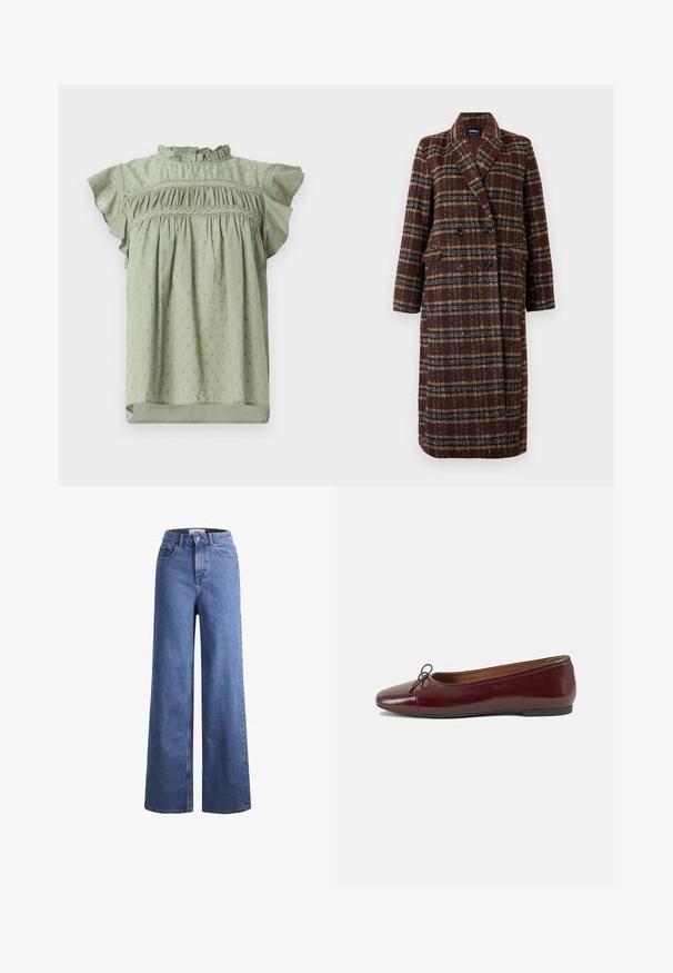 Long double-breasted brown plaid coat with lapel collar, black buttons, and flap pockets, displayed against a white background.; Light green blouse with ruffled short sleeves, smocked bodice, and subtle, repeating floral pattern. Made from lightweight fabric.; Light blue denim wide-leg jeans with a high waist, two front pockets, and visible stitching. Features a button and zipper closure.; Burgundy patent leather ballet flat with a rounded toe, small bow accent at the front, and a low, black rubber sole. Smooth texture.