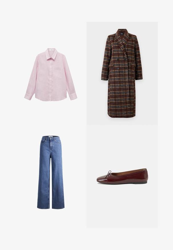 Long double-breasted brown plaid coat with lapel collar, black buttons, and flap pockets, displayed against a white background.; Mango LINO - Button-down blouse - purple; Light blue denim wide-leg jeans with a high waist, two front pockets, and visible stitching. Features a button and zipper closure.; Burgundy patent leather ballet flat with a rounded toe, small bow accent at the front, and a low, black rubber sole. Smooth texture.