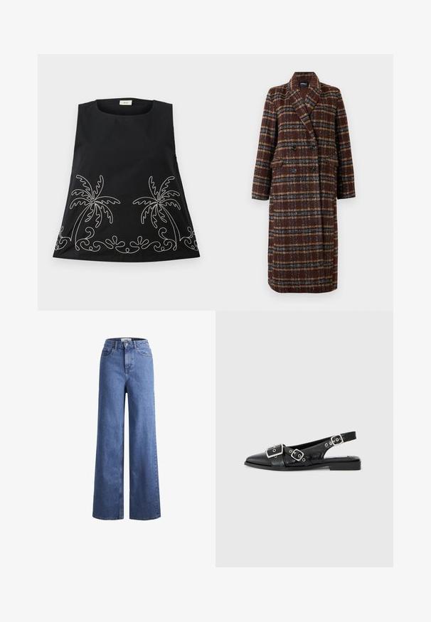 Hosszú, dupla soros barna kockás kabát, kapucnis gallérral, fekete gombokkal és hajtókás zsebekkel, fehér háttér előtt bemutatva.; Fekete ujjatlan felső, kerek nyakkivágással, fehér hímzett pálmafákkal és díszes hullámokkal az alján.; Világoskék, széles szárú farmernadrág magas derékkal, két elülső zsebbel és látható varrással. Gombos és cipzáros záródás.; Fekete bőr slingback cipő, hegyes orral, két ezüst csattal és alacsony blokk sarkú. Texturált felsőrésszel és nyitott háttal rendelkezik.