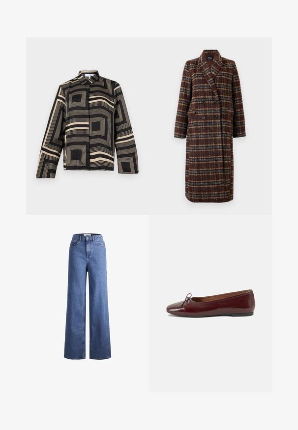 Dlhý hnedý károvaný kabát na dvojité zapínanie s klopovým golierom, čiernymi gombíkmi a vreckami s chlopňou, vystavený na bielom pozadí.; Čierna a béžová košela s geometrickým vzorom, dlhými rukávmi, golierom a voľným strihom vyrobená z hladkej, lesklej látky.; Svetlomodré deninové nohavice s širokými nohavicami a vysokým pásom, dve predné vrecká a viditeľné švy. Obsahuje tiež uzatváranie na gombík a zips.; Burgundské lakované balerínky s okrúhlou špičkou, malou mašľou na prednej strane a nízkou čiernou gumovou podrážkou. Hladký povrch.