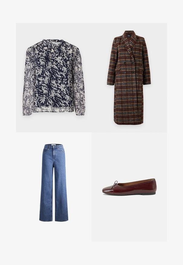Cappotto lungo doppiopetto a quadri marrone con colletto a bavero, bottoni neri e tasche a soffietto, esposto su uno sfondo bianco.; Blusa marina con stampa floreale bianca, caratterizzata da un colletto plissettato e maniche lunghe, su uno sfondo bianco uniforme.; Jeans ampia in denim azzurro chiaro con vita alta, due tasche anteriori e cuciture in vista. Presentano una chiusura con bottone e zip.; Ballerine in pelle verniciata bordeaux con punta arrotondata, piccolo fiocco decorativo sulla parte anteriore e suola bassa in gomma nera. Texture liscia.