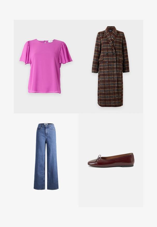 Duga dvoslojna smeđa kaput s kariranim uzorkom, s reverima, crnim gumbima i džepovima s preklopom, prikazana na bijeloj pozadini.; Ružičasti kratkotrajni top s okruglim izrezom i nabranim detaljima rukava, izrađen od lagane tkanine. Zatvaranje na dugme na leđima.; Svijetloplavi traper široki traperice s visokim strukom, dva prednja džepa i vidljivim šavovima. Imaju kopčanje na gumb i patentni zatvarač.; Burgundska lakirana balerinka s zaobljenim vrhom, malim mašnom sprijeda i niskom, crnom gumenom potplatu. Glatka tekstura.