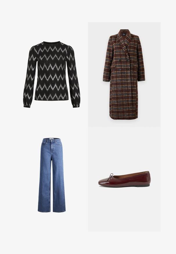 Casaco xadrez castanho de dupla face, com colarinho de lapela, botões pretos e bolsos de aba, exibido sobre um fundo branco.; Sweater preto de mangas longas com riscas prateadas em zigzag e ligeiramente baloniadas, apresentando punhos elásticos.; Jeans de ganga azul claro, de perna larga e cintura alta, com dois bolsos frontais e costuras visíveis. Apresenta um fecho de botão e zíper.; Bailarinas em couro sintético borgonha com bico redondo, pequeno laço na frente e sola baixa em borracha preta. Textura suave.