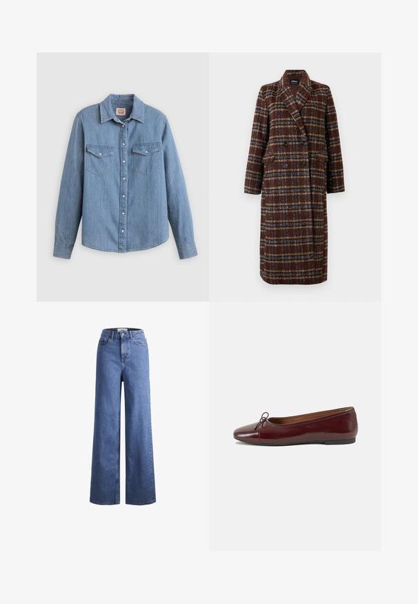 Gara divrindas brūna raibā mētelis ar atloku apkakli, melniem pogām un kabatām ar vāciņu, izstādīta pret baltu fona.; Gaiši zila džinsa krekls ar gariem piedurknēm, pogām priekšpusē, divām krūšu kabatām un klasisku apkakli. Gluda tekstūra un vaļīgs piegriezums.; Gai zili džinsi ar platu kāju un augstu jostu, divas priekšējās kabatas un redzamu šuvju. Iekļauj pogas un rāvējslēdzēja aizdari.; Burgundijas laku ādas baleta kurpes ar noapaļotu purngalu, nelielu loku akcentu priekšā un zemu melnu gumijas zoli. Gluda tekstūra.