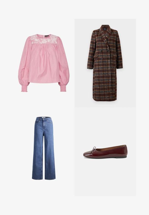 Casaco xadrez castanho de dupla face, com colarinho de lapela, botões pretos e bolsos de aba, exibido sobre um fundo branco.; Blusa rosa riscada com decote redondo, punhos elásticos e detalhe floral bordado na parte superior. Feita de tecido leve.; Jeans de ganga azul claro, de perna larga e cintura alta, com dois bolsos frontais e costuras visíveis. Apresenta um fecho de botão e zíper.; Bailarinas em couro sintético borgonha com bico redondo, pequeno laço na frente e sola baixa em borracha preta. Textura suave.