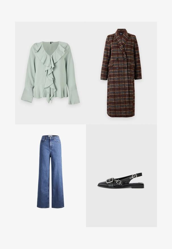 Μακρύ καφέ καμπαρντίνα με καρό σχέδιο, διπλό κλείσιμο, γιακά, μαύρα κουμπιά και τσέπες με καπάκι, εκτεθειμένο σε λευκό φόντο.; Αυτή η ανοιχτό πράσινη μπλούζα διαθέτει V-λαιμόκοψη, ρυάκι μπροστινής λεπτομέρειας, μακριά μανίκια με φαρδιά μπατζάκια και ροή σιλούετ.; Ανοιχτό μπλε τζιν παντελόνι με φαρδιά πόδια και ψηλή μέση, δύο μπροστινές τσέπες και ορατές ραφές. Διαθέτει κλείσιμο με κουμπί και φερμουάρ.; Μαύρο δερμάτινο παπούτσι slingback με μυτερή μύτη, δύο ασημένιες πόρπες και χαμηλό τακούνι block. Διαθέτει υφή στην επάνω επιφάνεια και ανοιχτή πίσω πλευρά.