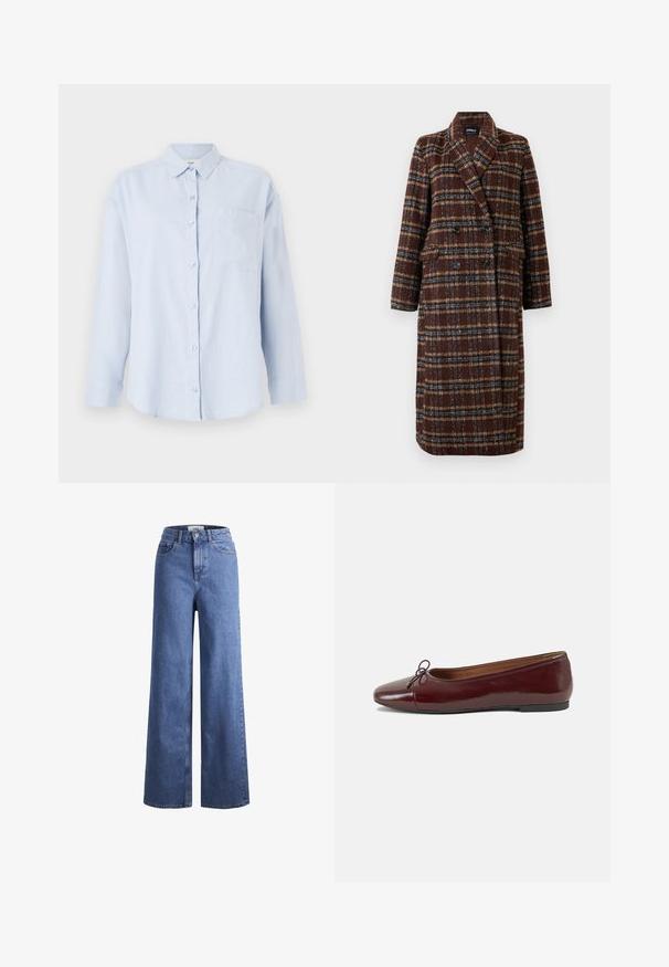 Long double-breasted brown plaid coat with lapel collar, black buttons, and flap pockets, displayed against a white background.; Light blue long-sleeve shirt made of linen blend, featuring a button-up front, a collar, and a single chest pocket.; Light blue denim wide-leg jeans with a high waist, two front pockets, and visible stitching. Features a button and zipper closure.; Burgundy patent leather ballet flat with a rounded toe, small bow accent at the front, and a low, black rubber sole. Smooth texture.