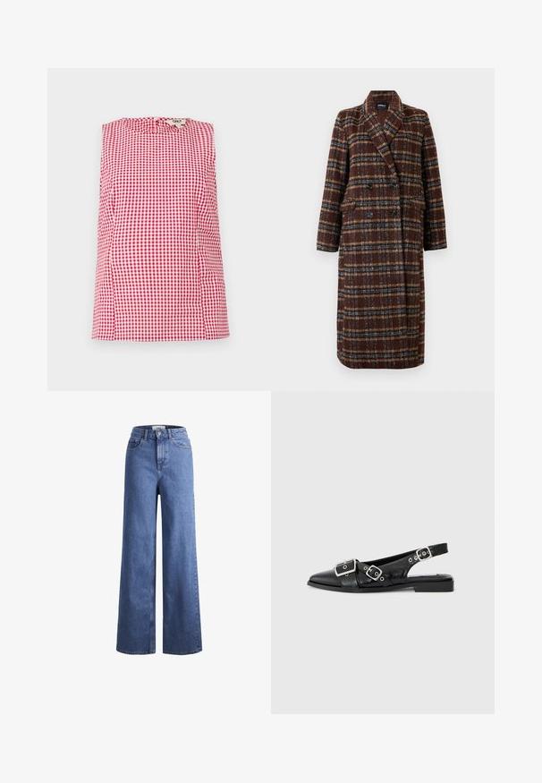Palton lung, dublu-botonat, din material cu carouri maro, cu guler tip rever, nasturi negri și buzunare cu clapă, expus pe un fundal alb.; Top fără mâneci, în carouri roșii și albe, cu un decolteu rotund și plii subtile la umeri. Închidere cu nasture la spate.; Jeans din denim de culoare albastră deschisă, cu croială largă și talie înaltă, prevăzuți cu două buzunare frontale și cusături vizibile. Au închidere cu nasture și fermoar.; Pantofii slingback din piele neagră, cu vârf ascuțit, două catarame argintii și toc mic pătrat. Prezintă un exterior texturat și spate deschis.