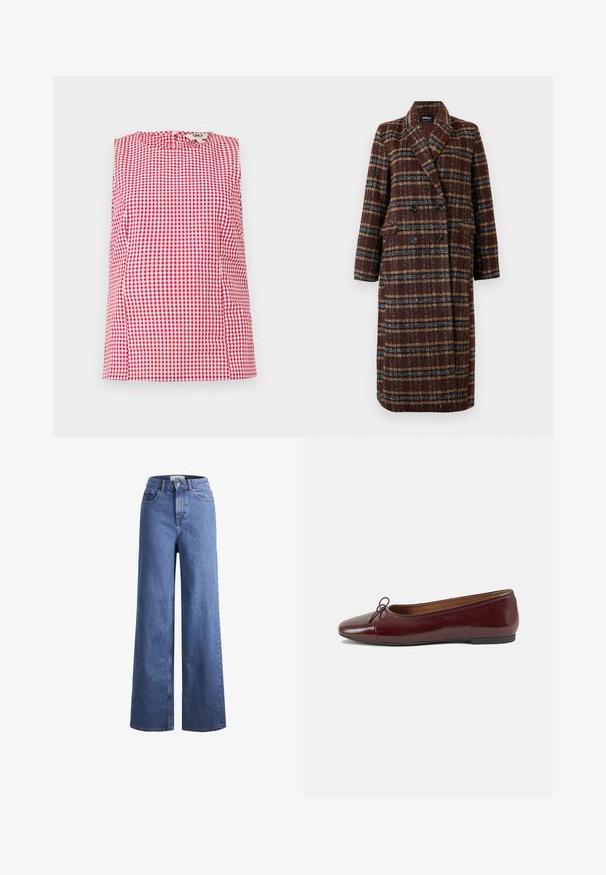 Lång dubbelknäppt brun rutig kappa med slagkrage, svarta knappar och ficklock, uppställd mot en vit bakgrund.; Röd och vit rutigt ärmlös topp med rund halsringning och subtil plissering vid axlarna. Knäppning bak.; Ljusblå denimbyxor med vida ben och hög midja, två framfickor och synlig sömnad. Har en knapp- och dragkedjestängning.; Burgunderfärgad lackläderballettskor med rund tå, liten rosettdekoration fram och en låg, svart gummisula. Slät textur.
