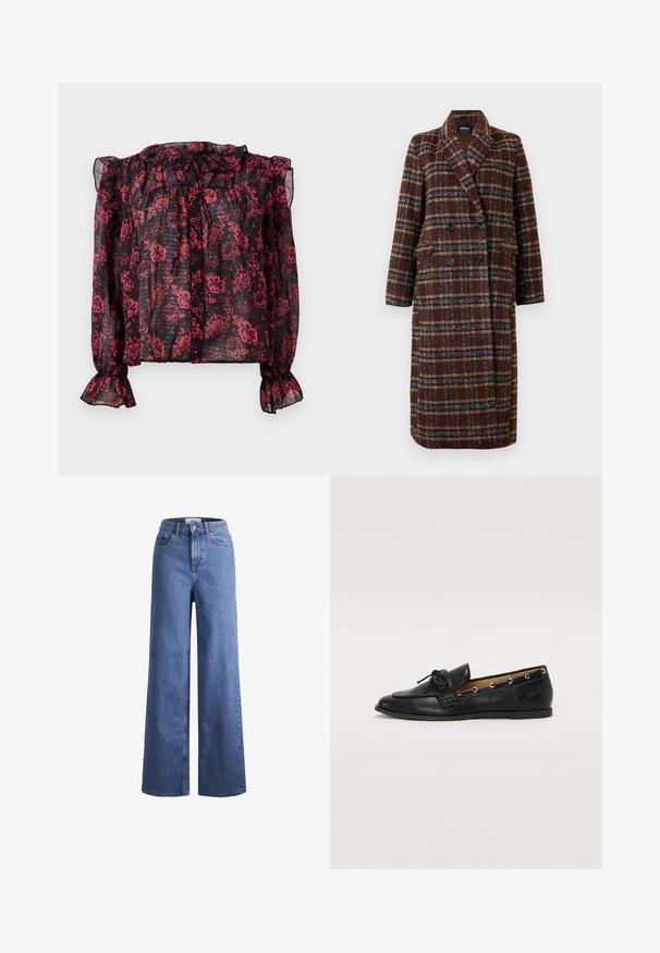 Long double-breasted brown plaid coat with lapel collar, black buttons, and flap pockets, displayed against a white background.; Black sheer blouse with red floral pattern, ruffled neckline, and long sleeves with elastic cuffs. Features button closure down the front.; Light blue denim wide-leg jeans with a high waist, two front pockets, and visible stitching. Features a button and zipper closure.; Black leather loafers with a tied bow, featuring gold eyelet accents along the sides and a flat rubber sole. Smooth texture, classic design.