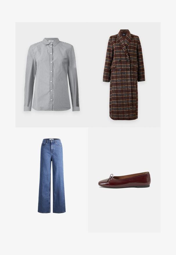 Cappotto lungo doppiopetto a quadri marrone con colletto a bavero, bottoni neri e tasche a soffietto, esposto su uno sfondo bianco.; Camicia a righe in cotone bianco e nero. Caratterizzata da un colletto classico e maniche lunghe con polsini a bottone.; Jeans ampia in denim azzurro chiaro con vita alta, due tasche anteriori e cuciture in vista. Presentano una chiusura con bottone e zip.; Ballerine in pelle verniciata bordeaux con punta arrotondata, piccolo fiocco decorativo sulla parte anteriore e suola bassa in gomma nera. Texture liscia.