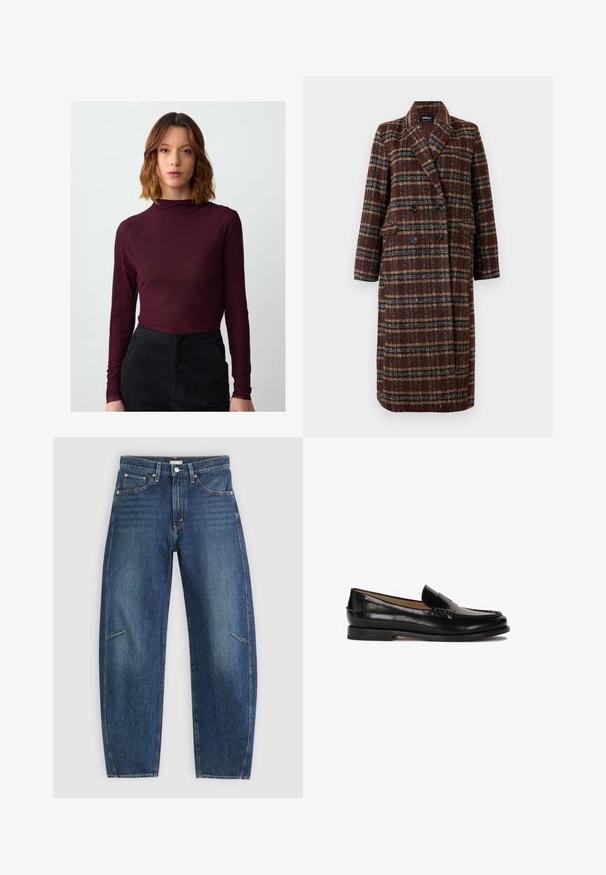 Long double-breasted brown plaid coat with lapel collar, black buttons, and flap pockets, displayed against a white background.; Maroon long-sleeve top with a mock neckline, soft texture, and form-fitting design, paired with black high-waisted pants.; Dark blue denim jeans with a straight-leg design, featuring front pockets, contrast stitching, and a subtle faded texture on the legs.; Black leather loafer with a rounded toe, slip-on design, and subtle stitching details along the upper. Flat rubber sole.