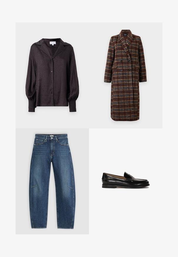 Lang, dobbeltradet brun plaidfrakke med reverskrave, sorte knapper og klaplommer, præsenteret mod en hvid baggrund.; Sort satinbluse med en subtil dyreprint, knaplukning og løs pasform. Har puffede ærmer og smockdetaljer ved manchetten.; Mørkeblå denim jeans med lige ben-design, der har forkæbbes lommer, kontrastsyninger og en subtil falmet tekstur på benene.; Sorte læder loafers med en rund tå, slidserdesign og subtile syninger langs overdelen. Flad gummisål.