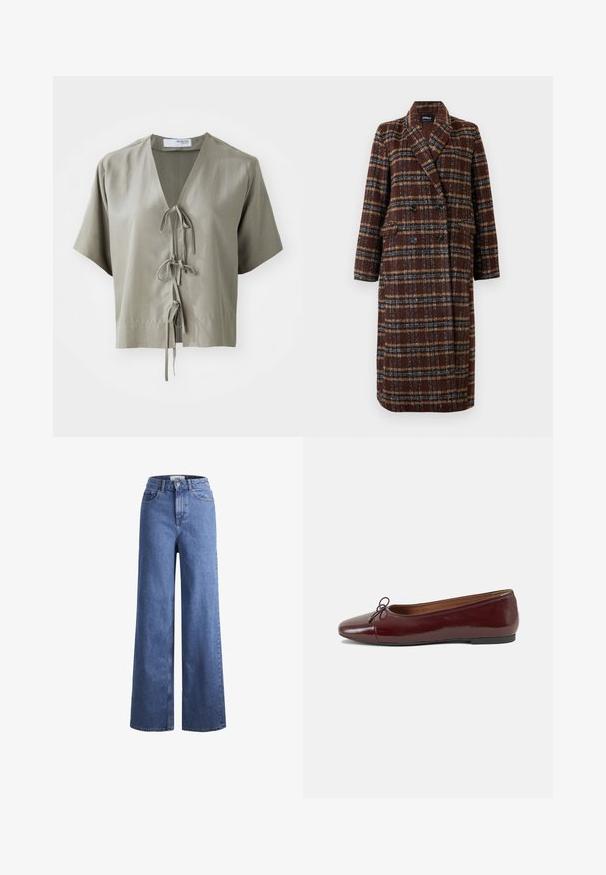 Cappotto lungo doppiopetto a quadri marrone con colletto a bavero, bottoni neri e tasche a soffietto, esposto su uno sfondo bianco.; Blusa verde oliva a maniche corte con scollatura a V e legature frontali. Realizzata in tessuto liscio con cuciture minime e una vestibilità comoda.; Jeans ampia in denim azzurro chiaro con vita alta, due tasche anteriori e cuciture in vista. Presentano una chiusura con bottone e zip.; Ballerine in pelle verniciata bordeaux con punta arrotondata, piccolo fiocco decorativo sulla parte anteriore e suola bassa in gomma nera. Texture liscia.