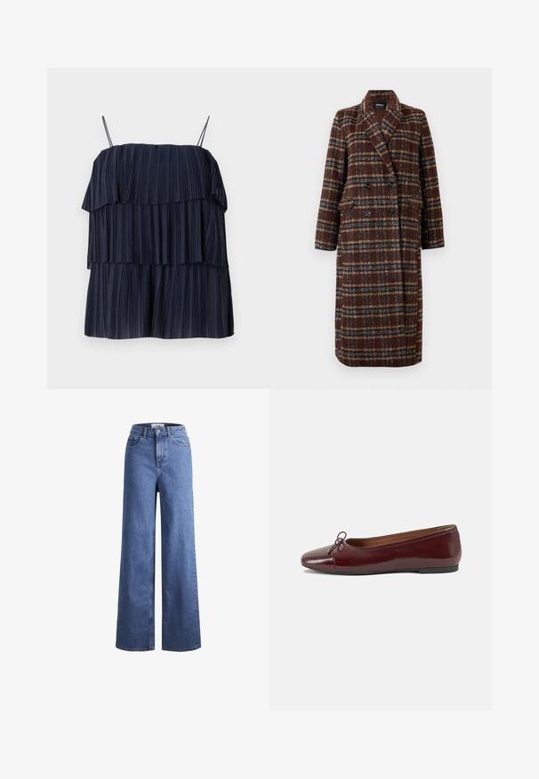 Long double-breasted brown plaid coat with lapel collar, black buttons, and flap pockets, displayed against a white background.; Navy blue pleated top with layered design, thin straps, and soft texture. Each layer features vertical pleats, creating depth and movement.; Light blue denim wide-leg jeans with a high waist, two front pockets, and visible stitching. Features a button and zipper closure.; Burgundy patent leather ballet flat with a rounded toe, small bow accent at the front, and a low, black rubber sole. Smooth texture.