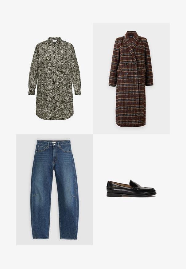 Ilgas dvigubas rudas langeliais paltas su apykakle, juodais mygtukais ir kišenėmis su atvartais, eksponuojamas ant balto fono.; Leopardų rašto marškiniai su mygtukų apykakle, ilgomis rankovėmis ir laisvu kirpimu. Pagaminti iš lygios medžiagos, turintys šviesių ir tamsių atspalvių derinį.; Tamsiai mėlynos džinsinės kelnės su tiesiomis kojomis, turinčios priekinės kišenes, kontrastingą siuvimą ir subtilų pabandymą ant kojų.; Juodas odinis loafers stiliaus batelis su apvaliu nosimi, lengvai užsidedantis dizainas ir subtilūs siuvinėjimo detalės viršuje. Lygus guminis padas.