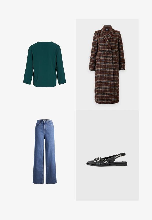 Ilgas dvigubas rudas langeliais paltas su apykakle, juodais mygtukais ir kišenėmis su atvartais, eksponuojamas ant balto fono.; Turkio spalvos ilgomis rankovėmis viršus, pagamintas iš tekstūruotos medžiagos. Turi apvalų kaklą ir laisvą siluetą su nuleistais pečių siūlais, be matomų užsegimų.; Šviesiai mėlynos džinsinės kelnės plačiu sijonu ir aukštu liemeniu, su dviem priekinių kišenių ir matomu siuvimu. Su mygtuko ir užtrauktuko uždarymu.; Juodas odinis slingback tipo batelis su smailiu nosiu, dviem sidabrinėmis sagtimis ir žemu blokiniu kulnu. Viršus su tekstūra ir atvira nugara.