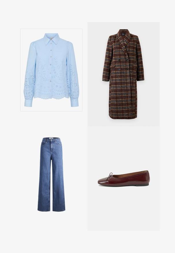 Ilgas dvigubas rudas langeliais paltas su apykakle, juodais mygtukais ir kišenėmis su atvartais, eksponuojamas ant balto fono.; Šviesiai mėlyna bluzonė su mygtukų užsegimu priekyje, smailiu apykaklės dizainu, ilgomis pūstučių rankovėmis ir išsiuvinėta aklės raštu. Banguota apačia.; Šviesiai mėlynos džinsinės kelnės plačiu sijonu ir aukštu liemeniu, su dviem priekinių kišenių ir matomu siuvimu. Su mygtuko ir užtrauktuko uždarymu.; Bordo lakiotos odos baleto bateliai su apvalia nosimi, maža kaspinėlio akcentu priekyje ir žema juoda guma padanga. Lygi tekstūra.