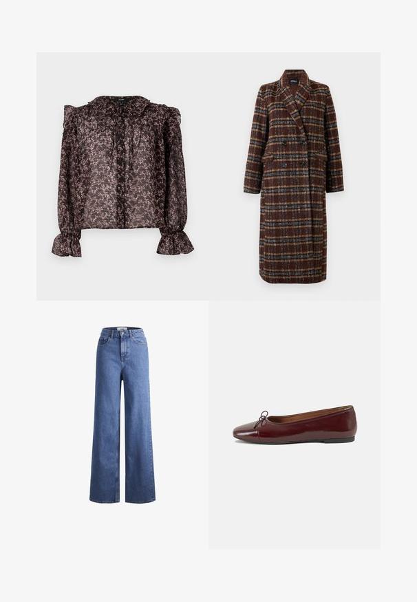 Lang, dobbeltradet brun plaidfrakke med reverskrave, sorte knapper og klaplommer, præsenteret mod en hvid baggrund.; Gennemsigtig sort bluse med et blomsterprint i pink, flæsekrave, knaplukning og samlede ærmer med flagrende manchetter.; Lyseblå denim brede bukser med høj talje, to frontlommer og synlige stikninger. Har en knap- og lynlåslukning.; Bordeaux patentlæder balletflad med rund tå, lille sløjfeaccent foran og en lav, sort gummisål. Glat tekstur.
