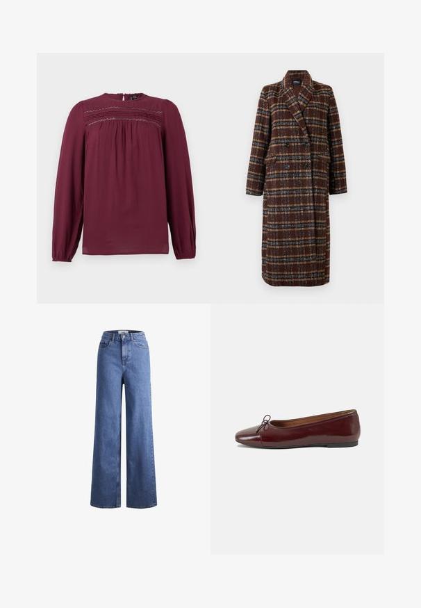 Langer brauner Karo-Doppelreiher-Mantel mit Reverskragen, schwarzen Knöpfen und Klappentaschen, vor einem weißen Hintergrund präsentiert.; Bordeauxfarbige Bluse mit langen Ärmeln, runder Ausschnitt und gerafftem Detail an der Brust. Glatte Stoff mit subtiler Textur und weichem Fall.; Helleblaue Denim-Weite-Leg-Jeans mit hoher Taille, zwei vorderen Taschen und sichtbarer Naht. Mit Knopf- und Reißverschluss.; Burgunderfarbenes, lackiertes Ballettschuh mit abgerundetem Zehenbereich, kleiner Schleifenakzent vorne und einer niedrigen, schwarzen Gummisohle. Glatte Textur.