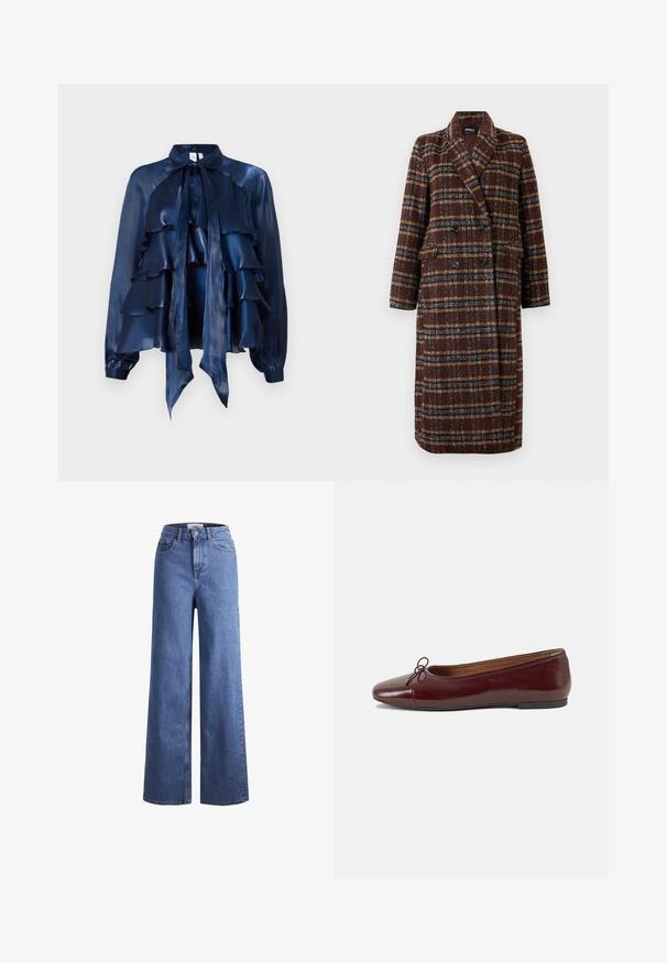 Gara divrindas brūna raibā mētelis ar atloku apkakli, melniem pogām un kabatām ar vāciņu, izstādīta pret baltu fona.; Tumši zila zīda blūze ar volāniem, ar loku piekārtu apkakli un garām piedurknēm ar savilktām aprocēm. Gluda tekstūra un viegla konstrukcija.; Gai zili džinsi ar platu kāju un augstu jostu, divas priekšējās kabatas un redzamu šuvju. Iekļauj pogas un rāvējslēdzēja aizdari.; Burgundijas laku ādas baleta kurpes ar noapaļotu purngalu, nelielu loku akcentu priekšā un zemu melnu gumijas zoli. Gluda tekstūra.