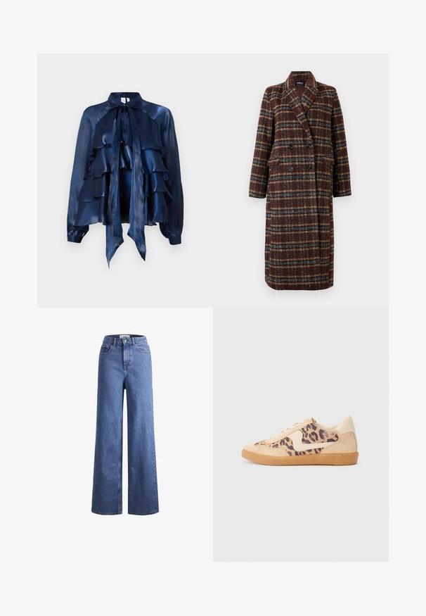 Long double-breasted brown plaid coat with lapel collar, black buttons, and flap pockets, displayed against a white background.; Navy blue silk blouse with ruffled layers, a bow tie collar, and long sleeves with gathered cuffs. Smooth texture and lightweight design.; Light blue denim wide-leg jeans with a high waist, two front pockets, and visible stitching. Features a button and zipper closure.; Leopard print sneakers with beige suede upper, tan rubber sole, and white accents. Round toe and lace-up design with a textured finish.