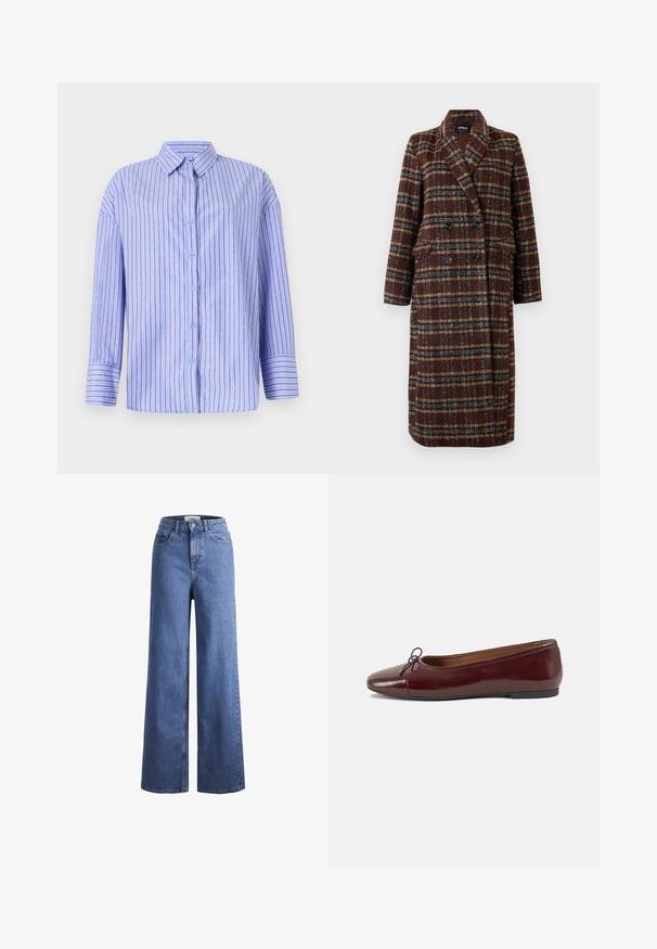 Gara divrindas brūna raibā mētelis ar atloku apkakli, melniem pogām un kabatām ar vāciņu, izstādīta pret baltu fona.; Gaiši zils pogājamais krekliņš ar vertikālām svītrām un punktiņu akcentiem. Tam ir apkakle, garas piedurknes un taisna silueta. Mīksta auduma.; Gai zili džinsi ar platu kāju un augstu jostu, divas priekšējās kabatas un redzamu šuvju. Iekļauj pogas un rāvējslēdzēja aizdari.; Burgundijas laku ādas baleta kurpes ar noapaļotu purngalu, nelielu loku akcentu priekšā un zemu melnu gumijas zoli. Gluda tekstūra.