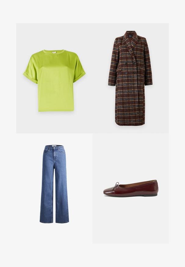 Gara divrindas brūna raibā mētelis ar atloku apkakli, melniem pogām un kabatām ar vāciņu, izstādīta pret baltu fona.; Spilgti zaļa īsām piedurknēm augšdaļa ar apaļu kakla izgriezumu. Gluda, spīdīga auduma ar brīvu piegriezumu. Ruļļveida piedurknes un taisna apmale.; Gai zili džinsi ar platu kāju un augstu jostu, divas priekšējās kabatas un redzamu šuvju. Iekļauj pogas un rāvējslēdzēja aizdari.; Burgundijas laku ādas baleta kurpes ar noapaļotu purngalu, nelielu loku akcentu priekšā un zemu melnu gumijas zoli. Gluda tekstūra.