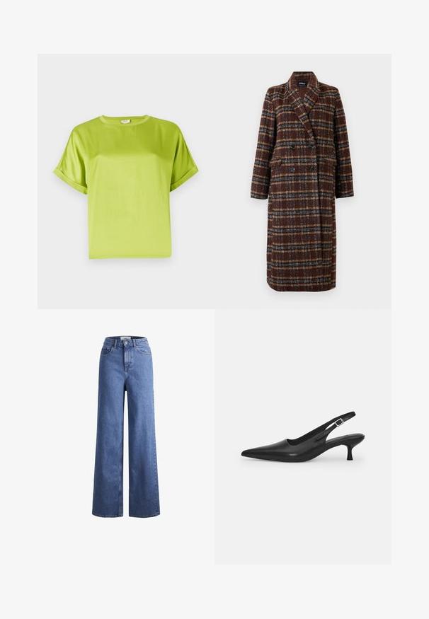 Long double-breasted brown plaid coat with lapel collar, black buttons, and flap pockets, displayed against a white background.; Bright green short-sleeve top with a round neckline. Smooth, shiny fabric with a relaxed fit. Rolled cuffs and a straight hem.; Light blue denim wide-leg jeans with a high waist, two front pockets, and visible stitching. Features a button and zipper closure.; Black leather slingback shoe with a pointed toe and a slim, curved heel. Features a discrete adjustable strap with a metal buckle.