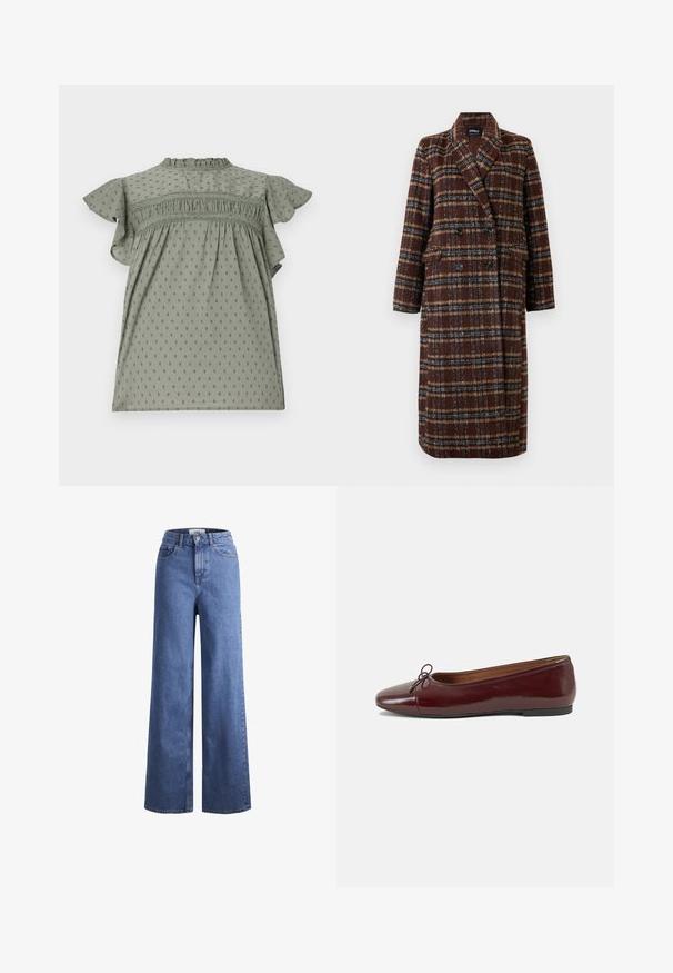Langer brauner Karo-Doppelreiher-Mantel mit Reverskragen, schwarzen Knöpfen und Klappentaschen, vor einem weißen Hintergrund präsentiert.; Grünes Kleid mit kurzen, rüschierten Ärmeln, strukturiertem Stoff mit einem gepunkteten Muster, gerafftem Detail an der Brust und hochgeschlossenem Kragen.; Helleblaue Denim-Weite-Leg-Jeans mit hoher Taille, zwei vorderen Taschen und sichtbarer Naht. Mit Knopf- und Reißverschluss.; Burgunderfarbenes, lackiertes Ballettschuh mit abgerundetem Zehenbereich, kleiner Schleifenakzent vorne und einer niedrigen, schwarzen Gummisohle. Glatte Textur.