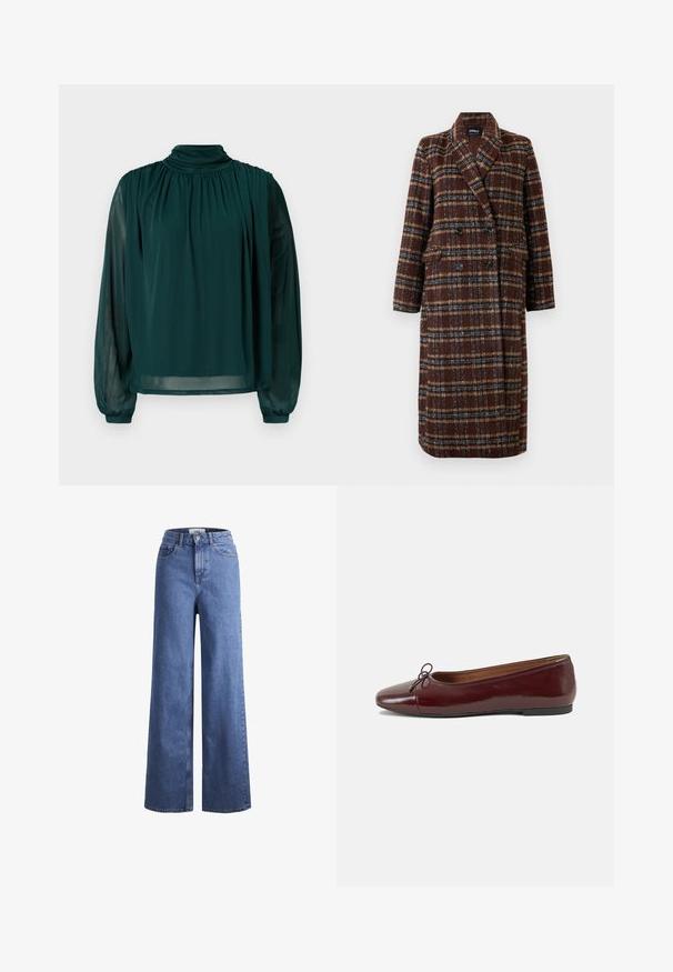 Pikk topeltkinnitatud pruuni ruudulise mustriga mantel, millel on krae, mustad nupud ja klapptaskud, esitatud valge tausta ees.; Roheline pluus kõrge kaelusega, pikad osaliselt läbipaistvad varrukad, eesdateeritud voldid ja lõdva lõikega. Valmistatud kerge kangaga voolava välimuse saavutamiseks.; Heled sinise denimist laiad jalad, kõrgema talje ja kahe eesmise taskuga, nähtavate õmblustega. Omab nuppu ja luku sulgemist.; Burgundi patendnahk kingad balletitüüpi, ümmarguse ninaosa, ees väike paelaaktsent ja madal must kummist tald. Sile tekstuur.