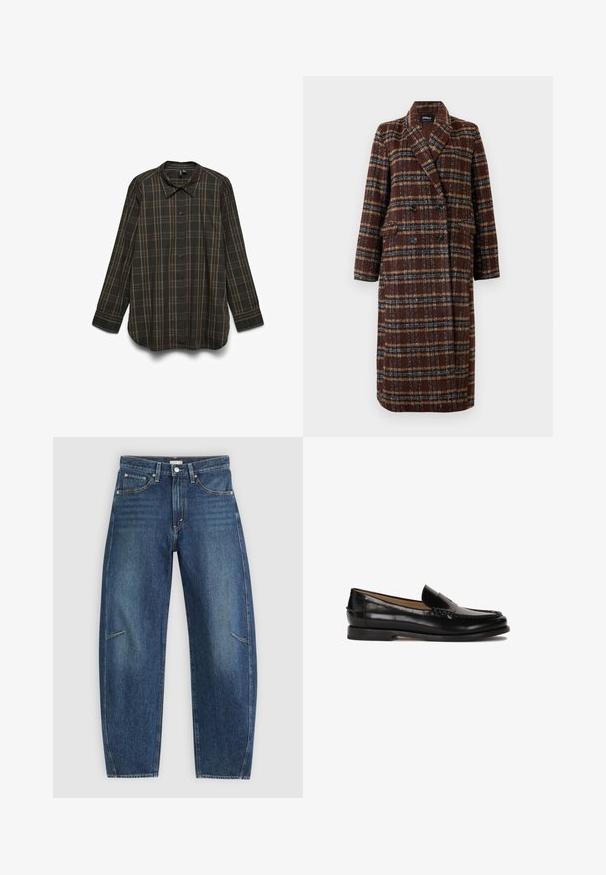 Duga dvoslojna smeđa kaput s kariranim uzorkom, s reverima, crnim gumbima i džepovima s preklopom, prikazana na bijeloj pozadini.; Košulja dugih rukava od tamno smeđe tkanine s kariranim uzorkom koji sadrži zelene i žute akcentne boje, s dugmadima sprijeda i šiljastim ovratnikom.; Tamno plavi traperice sa ravnim nogavicama, koje imaju prednje džepove, kontrastnu šav i suptilnu izblijedjelu teksturu na nogavicama.; Crne kožne mokasine s okruglim vrhom, dizajnom za jednostavno oblačenje i suptilnim šavovima duž gornjeg dijela. Ravni gumeni đon.