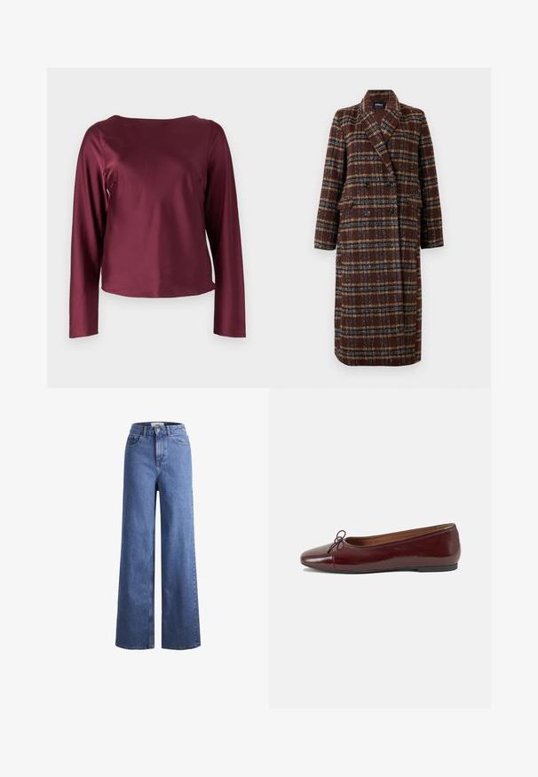 Cappotto lungo doppiopetto a quadri marrone con colletto a bavero, bottoni neri e tasche a soffietto, esposto su uno sfondo bianco.; Top lungo bordeaux a maniche lunghe con scollatura rotonda. Tessuto liscio e lucido con fianchi diritti e un orlo leggermente accorciato. Nessun motivo o dettaglio visibile.; Jeans ampia in denim azzurro chiaro con vita alta, due tasche anteriori e cuciture in vista. Presentano una chiusura con bottone e zip.; Ballerine in pelle verniciata bordeaux con punta arrotondata, piccolo fiocco decorativo sulla parte anteriore e suola bassa in gomma nera. Texture liscia.
