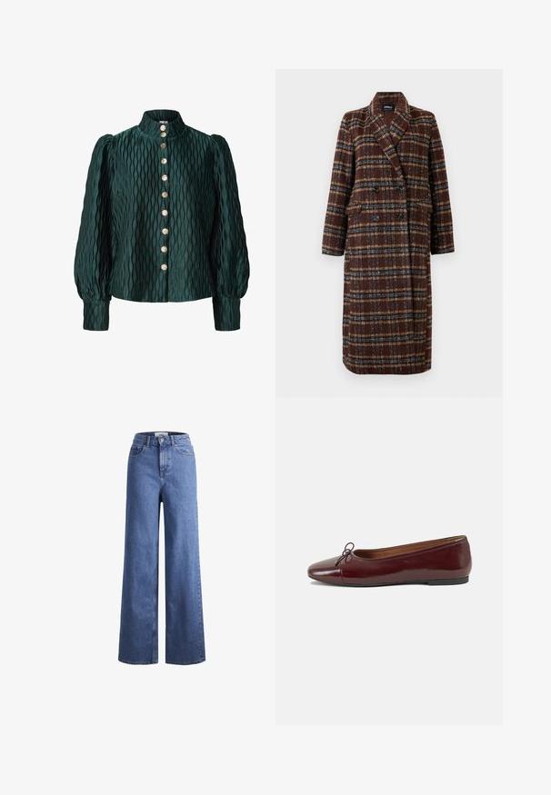 Dlouhý hnědý kostkovaný kabát na dvouřadé zapínání s klopovým límcem, černými knoflíky a kapsami s klopou, vystavený na bílém pozadí.; Tmavě zelená strukturovaná blůza s nafouklými dlouhými rukávy, vysokým límcem a předním pořadím osmi zlatých kulatých knoflíků.; Svetle modré denimové široké kalhoty s vysokým pasem, dvěma předními kapsami a viditelným švem. Obsahují knoflíkový a zipový uzávěr.; Burgundské lakové baleríny s kulatou špičkou, malou mašlí vpředu a nízkou černou gumovou podrážkou. Hladký povrch.