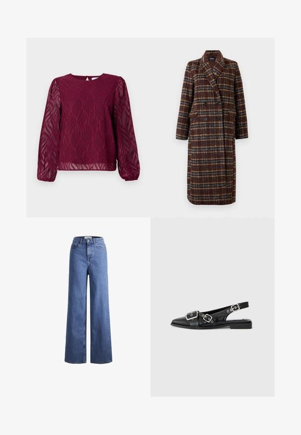 Ilgas dvigubas rudas langeliais paltas su apykakle, juodais mygtukais ir kišenėmis su atvartais, eksponuojamas ant balto fono.; Burgundiškai mėlyna bliuska su permatomomis ilgomis rankovėmis, puošta lapų raštu išsiuvinėjimu ir apvaliu iškirpimu su rakto skylutės uždarymu gale.; Šviesiai mėlynos džinsinės kelnės plačiu sijonu ir aukštu liemeniu, su dviem priekinių kišenių ir matomu siuvimu. Su mygtuko ir užtrauktuko uždarymu.; Juodas odinis slingback tipo batelis su smailiu nosiu, dviem sidabrinėmis sagtimis ir žemu blokiniu kulnu. Viršus su tekstūra ir atvira nugara.