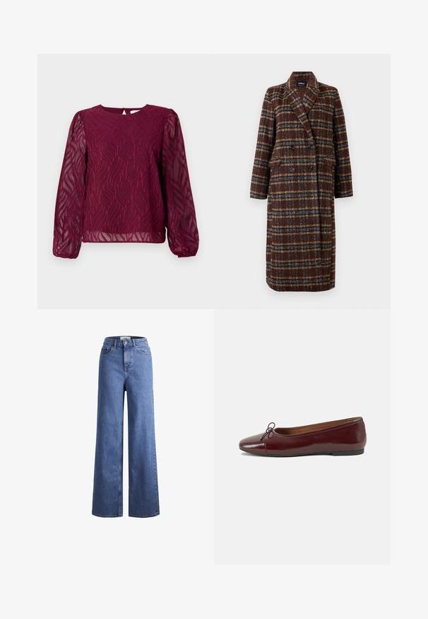 Dlhý hnedý károvaný kabát na dvojité zapínanie s klopovým golierom, čiernymi gombíkmi a vreckami s chlopňou, vystavený na bielom pozadí.; Burgundská blúzka s priesvitnými dlhými rukávmi, so vzorom lístia v vyšívaných detailoch a okrúhlym výstrihom so zapínaním na chrbtovej strane.; Svetlomodré deninové nohavice s širokými nohavicami a vysokým pásom, dve predné vrecká a viditeľné švy. Obsahuje tiež uzatváranie na gombík a zips.; Burgundské lakované balerínky s okrúhlou špičkou, malou mašľou na prednej strane a nízkou čiernou gumovou podrážkou. Hladký povrch.