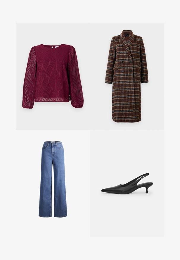 Pikk topeltkinnitatud pruuni ruudulise mustriga mantel, millel on krae, mustad nupud ja klapptaskud, esitatud valge tausta ees.; Burgundia blouse, millepikkade läbipaistvate varrukatega, millel on lehefooliumiga tikitud detailid ja ümmargune kaelus, millel on võtmeaugu tagaosa sulgemine.; Heled sinise denimist laiad jalad, kõrgema talje ja kahe eesmise taskuga, nähtavate õmblustega. Omab nuppu ja luku sulgemist.; Mustmustast musta nahast slingback king, millel on terav varvas ja kitsas, kumer konts. Omab diskreetset reguleeritavat rihma metallist pandlaga.