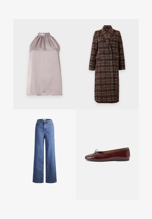 Casaco xadrez castanho de dupla face, com colarinho de lapela, botões pretos e bolsos de aba, exibido sobre um fundo branco.; Top de alça halter, sem mangas, em cetim mauve claro com detalhes franzidos na gola e uma textura lisa, ligeiramente refletiva.; Jeans de ganga azul claro, de perna larga e cintura alta, com dois bolsos frontais e costuras visíveis. Apresenta um fecho de botão e zíper.; Bailarinas em couro sintético borgonha com bico redondo, pequeno laço na frente e sola baixa em borracha preta. Textura suave.