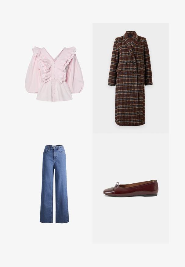 Hosszú, dupla soros barna kockás kabát, kapucnis gallérral, fekete gombokkal és hajtókás zsebekkel, fehér háttér előtt bemutatva.; Rózsaszín pamut blúz, mély V-kivágással, fodros díszítéssel a melleknél, valamint dús puffos ujjak gombos záródással.; Világoskék, széles szárú farmernadrág magas derékkal, két elülső zsebbel és látható varrással. Gombos és cipzáros záródás.; Burgundi lakkbőr balettcipő kerek orral, elöl kis masni díszítéssel és alacsony, fekete gumi talppal. Simára csiszolt felület.