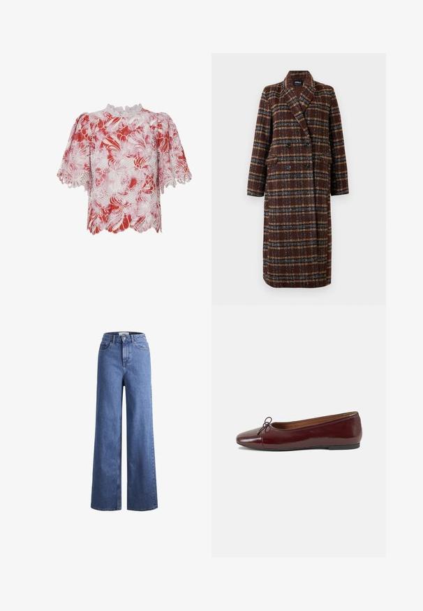 Cappotto lungo doppiopetto a quadri marrone con colletto a bavero, bottoni neri e tasche a soffietto, esposto su uno sfondo bianco.; Blusa corta a maniche corte rossa e bianca con motivi in pizzo floreale, bordi ondulati e un colletto alto con dettagli intricati e ritagli.; Jeans ampia in denim azzurro chiaro con vita alta, due tasche anteriori e cuciture in vista. Presentano una chiusura con bottone e zip.; Ballerine in pelle verniciata bordeaux con punta arrotondata, piccolo fiocco decorativo sulla parte anteriore e suola bassa in gomma nera. Texture liscia.