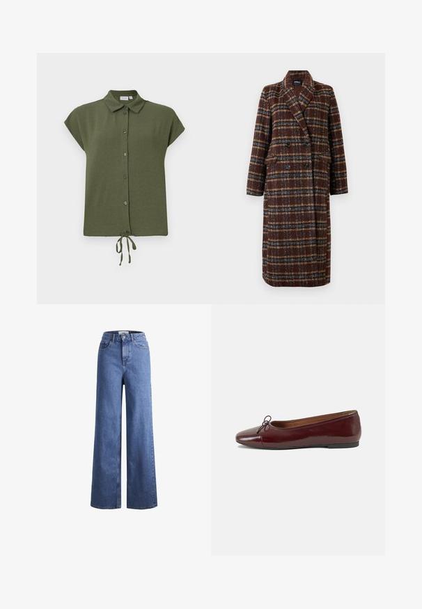 Ilgas dvigubas rudas langeliais paltas su apykakle, juodais mygtukais ir kišenėmis su atvartais, eksponuojamas ant balto fono.; Trumpas rankovės, alyvų žalios spalvos bluzonas su apykakle, priekyje sagomis ir raišteliu apačioje, pagamintas iš lengvos, tekstūruotos medžiagos.; Šviesiai mėlynos džinsinės kelnės plačiu sijonu ir aukštu liemeniu, su dviem priekinių kišenių ir matomu siuvimu. Su mygtuko ir užtrauktuko uždarymu.; Bordo lakiotos odos baleto bateliai su apvalia nosimi, maža kaspinėlio akcentu priekyje ir žema juoda guma padanga. Lygi tekstūra.