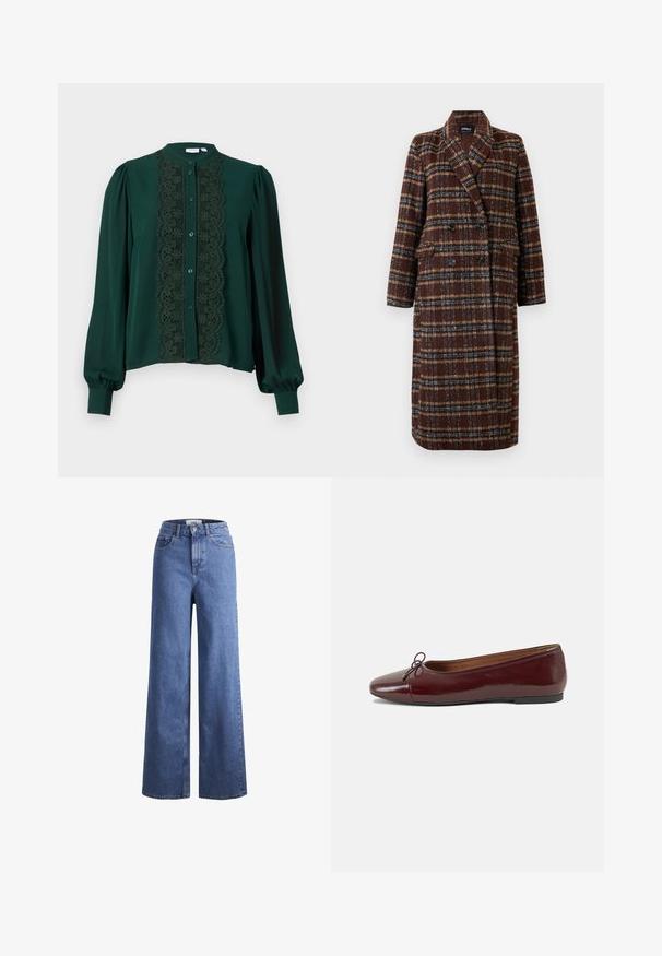 Cappotto lungo doppiopetto a quadri marrone con colletto a bavero, bottoni neri e tasche a soffietto, esposto su uno sfondo bianco.; Blusa verde scuro con colletto alto e maniche lunghe. Presenta un pannello di pizzo sul davanti, completato da bottoni e una texture morbida.; Jeans ampia in denim azzurro chiaro con vita alta, due tasche anteriori e cuciture in vista. Presentano una chiusura con bottone e zip.; Ballerine in pelle verniciata bordeaux con punta arrotondata, piccolo fiocco decorativo sulla parte anteriore e suola bassa in gomma nera. Texture liscia.