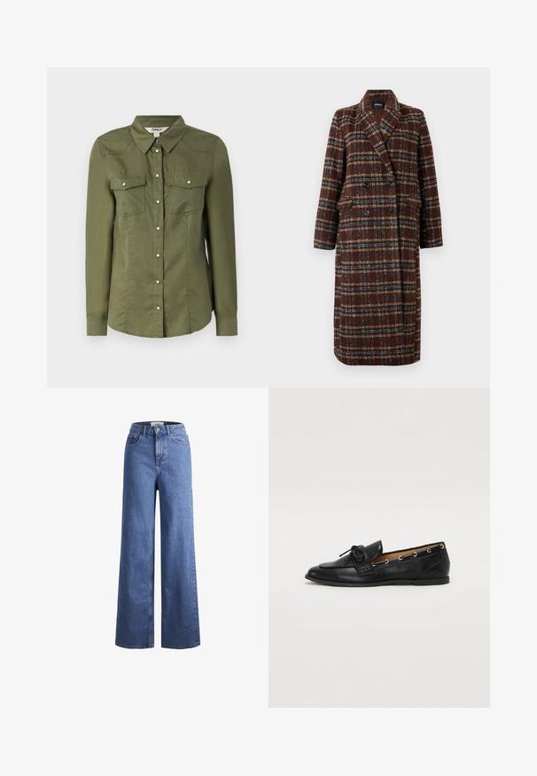 Hosszú, dupla soros barna kockás kabát, kapucnis gallérral, fekete gombokkal és hajtókás zsebekkel, fehér háttér előtt bemutatva.; Olíva zöld, galléros, gombos ing, hosszú ujjal és két mellzsebbel. Puha anyagból, enyhén texturált felülettel készült.; Világoskék, széles szárú farmernadrág magas derékkal, két elülső zsebbel és látható varrással. Gombos és cipzáros záródás.; Fekete bőr lófarok cipők, megkötött masnival, arany szemcsés díszítéssel az oldalán és lapos gumitalppal. Simaság, klasszikus dizájn.