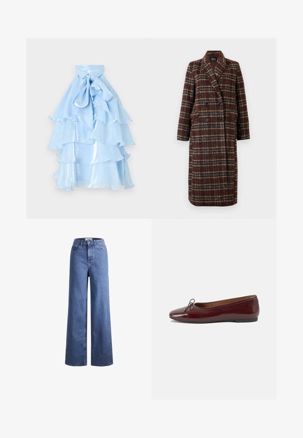 Gara divrindas brūna raibā mētelis ar atloku apkakli, melniem pogām un kabatām ar vāciņu, izstādīta pret baltu fona.; Gaiši zila daudzslāņu kleita ar volānu apakšmalu. Izgatavota no spīdīga auduma, ar apkakli un lenti pie kakla, veidojot plūstošu siluetu.; Gai zili džinsi ar platu kāju un augstu jostu, divas priekšējās kabatas un redzamu šuvju. Iekļauj pogas un rāvējslēdzēja aizdari.; Burgundijas laku ādas baleta kurpes ar noapaļotu purngalu, nelielu loku akcentu priekšā un zemu melnu gumijas zoli. Gluda tekstūra.