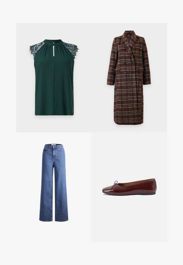 Hosszú, dupla soros barna kockás kabát, kapucnis gallérral, fekete gombokkal és hajtókás zsebekkel, fehér háttér előtt bemutatva.; Sötétzöld ujjatlan blúz csipke részletekkel a vállakon és egy kis gombnyílással elöl. Egyszerű és elegáns dizájn.; Világoskék, széles szárú farmernadrág magas derékkal, két elülső zsebbel és látható varrással. Gombos és cipzáros záródás.; Burgundi lakkbőr balettcipő kerek orral, elöl kis masni díszítéssel és alacsony, fekete gumi talppal. Simára csiszolt felület.