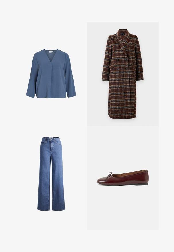 Casaco xadrez castanho de dupla face, com colarinho de lapela, botões pretos e bolsos de aba, exibido sobre um fundo branco.; Blusa azul claro de manga comprida com decote em V e textura suave enrugada. Apresenta detalhes de botões nas mangas, ajuste ligeiramente folgado.; Jeans de ganga azul claro, de perna larga e cintura alta, com dois bolsos frontais e costuras visíveis. Apresenta um fecho de botão e zíper.; Bailarinas em couro sintético borgonha com bico redondo, pequeno laço na frente e sola baixa em borracha preta. Textura suave.